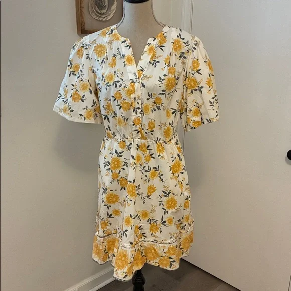 Joie Ruffled Dress Puff Sleeve Cotton Yellow Floral Belted with Pockets 12 - Picture 1 of 7